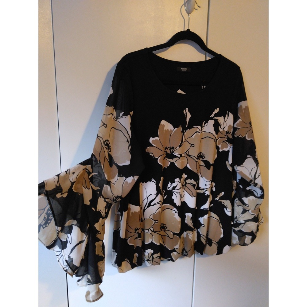 ALFANI Floral Print Ruffle Bell Sleeve Top Size L  Elegant Feminine Romantic